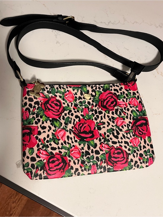 Betsey Johnson Handbags - Betsey Johnson Leopard Pink Rose Print Crossbody with Black Strap